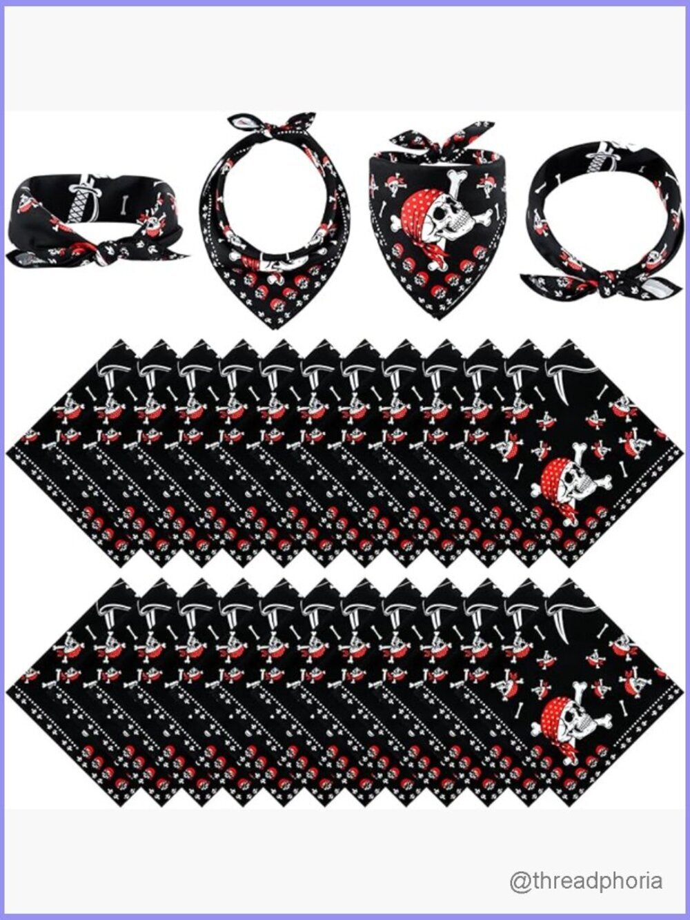 24 Pack Skull Print Bandanas, Pirate Costume Accessories for Adults